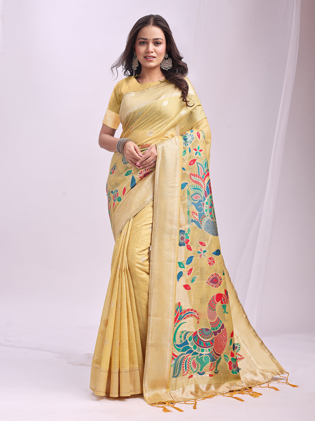 Yellow Linen Cotton Peacock Pallu Saree | EZB SI04 ASMRN1002