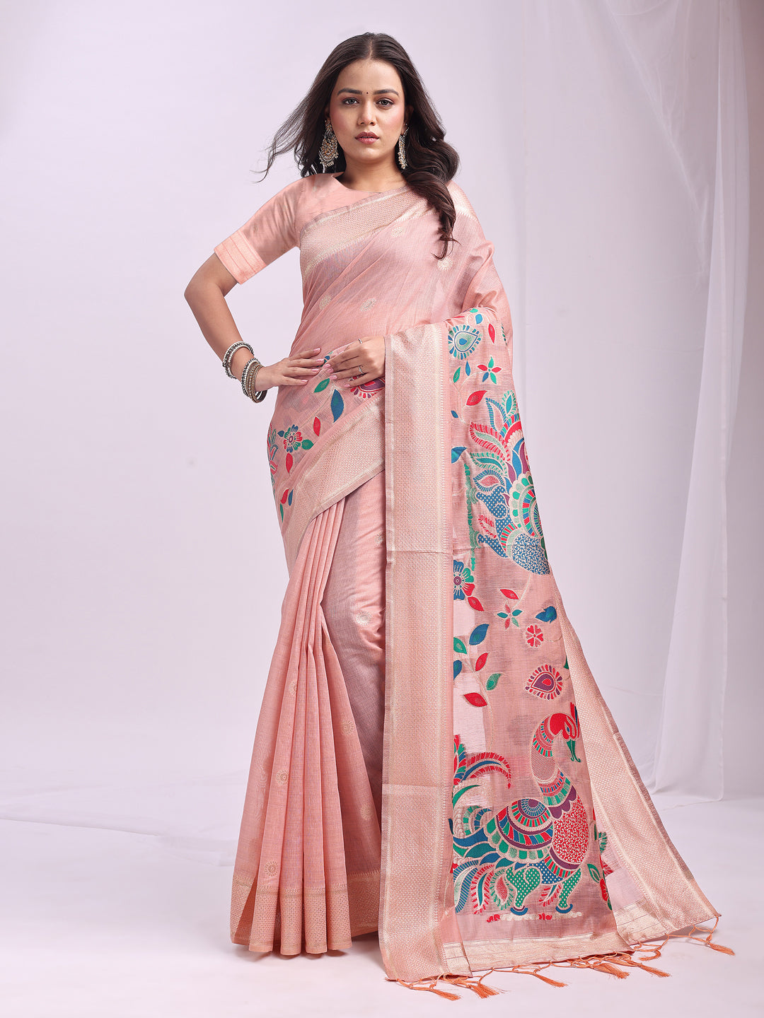 Peach Linen Cotton Peacock Pallu Saree | EZB SI04 ASMRN1003