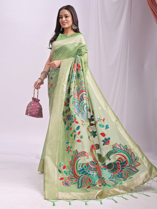 Green Linen Cotton Peacock Pallu Saree | EZB SI04 ASMRN1004