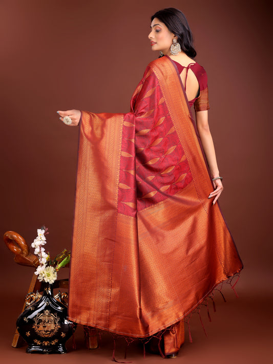 Banarasi Silk Maroon Brocade Saree With Blouse Piece