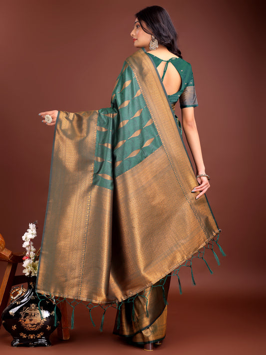 Banarasi Silk Green Brocade Saree With Blouse Piece