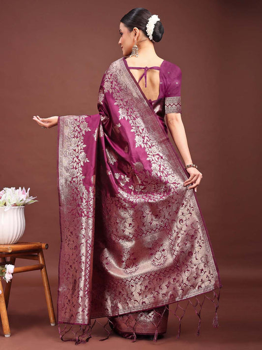 Banarasi Silk Purple Brocade Saree With Blouse Piece