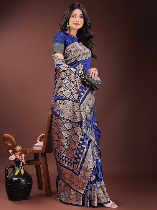 Silk Navy Blue Brocade Saree With Blouse Piece