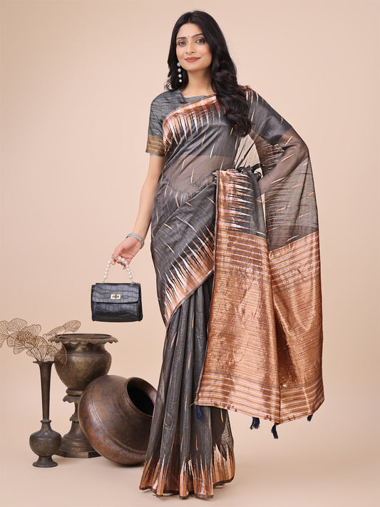 Linen Cotton Grey Brocade Saree With Blouse Piece