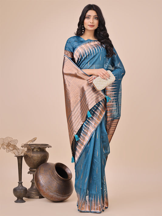 Linen Cotton Blue Brocade Saree With Blouse Piece
