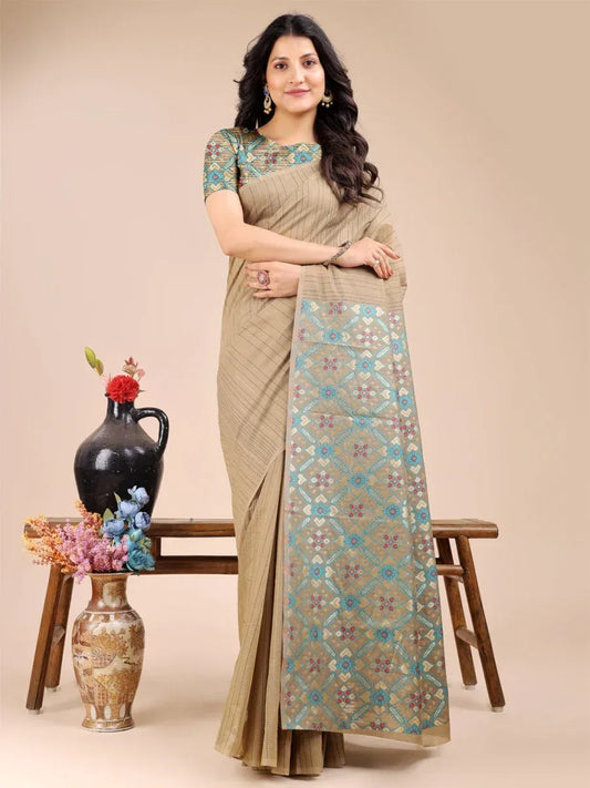 Beige Cotton Saree With Blouse Piece - EZBER