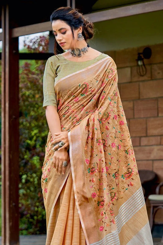 Beige Linen Blend Saree - EZBER