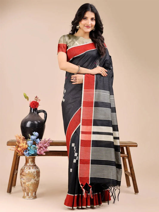 Black Cotton Saree With Blouse Piece - EZBER