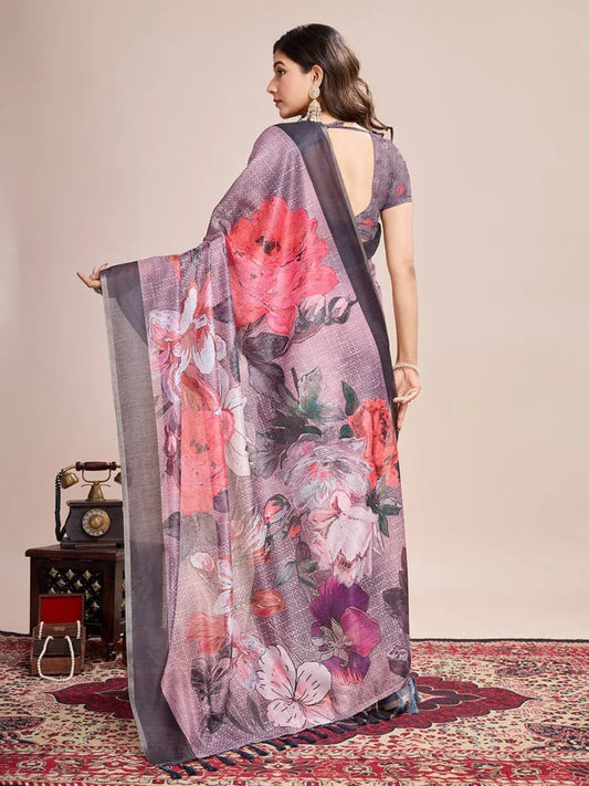 Black Linen Blend Saree With Blouse Piece - EZBER