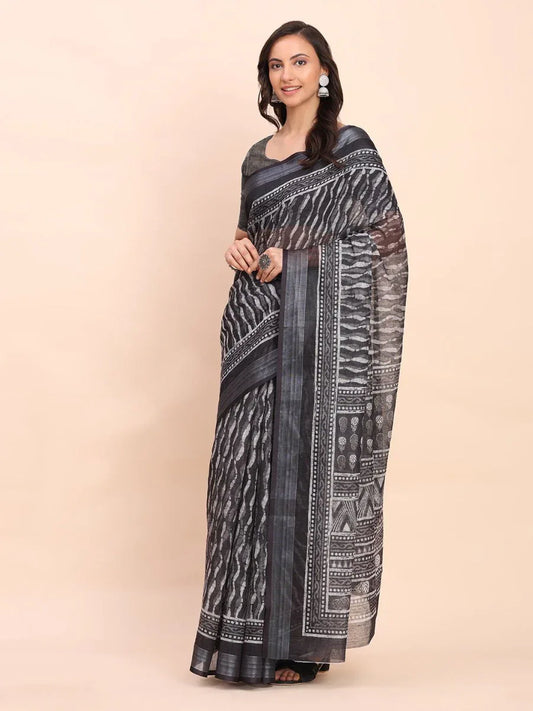 Black SANSKRIT PRINTS Linen Cotton Saree with Blouse Piece - EZBER