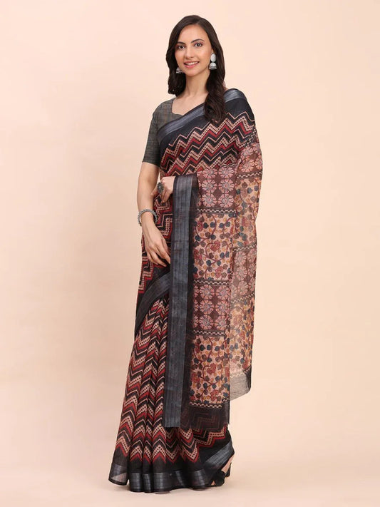 Black SANSKRIT PRINTS Linen Cotton Saree with Blouse Piece - EZBER