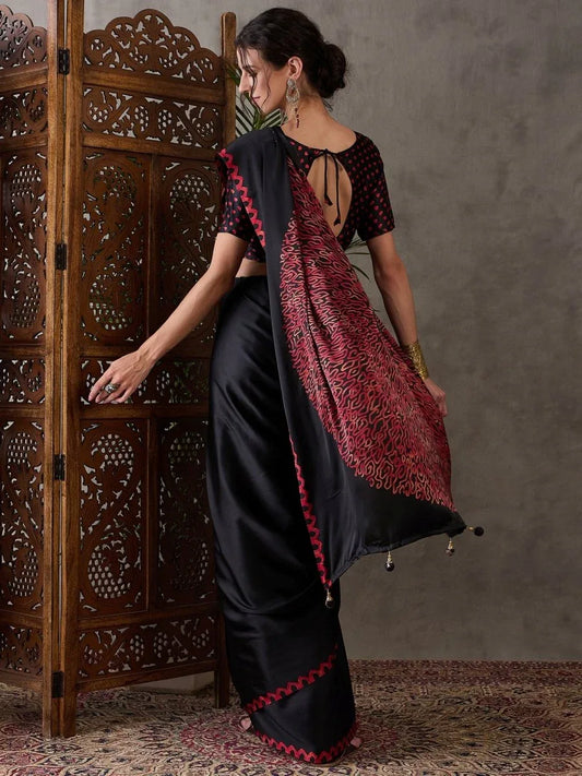 Black Semi Modal Saree With Blouse Piece - EZBER
