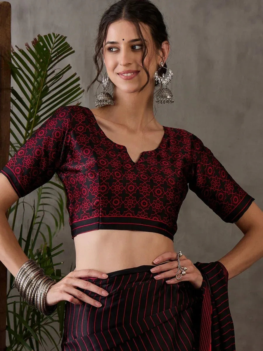 Black Semi Modal Saree with Blouse Piece | EZBER