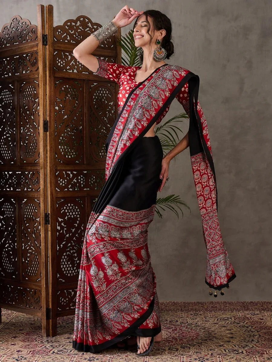 Black Semi Modal Saree With Blouse Piece - EZBER