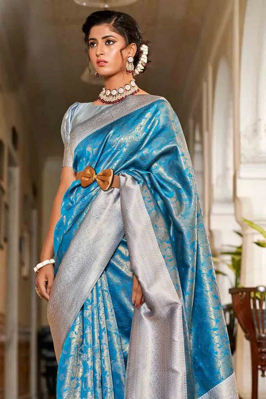Blue Banarasi silk Saree with Blouse Piece | EZBER
