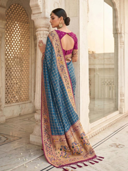 Blue Banarasi Silk Contrast Pallu Saree | EZB SI04 SUKLN1003 - EZBER