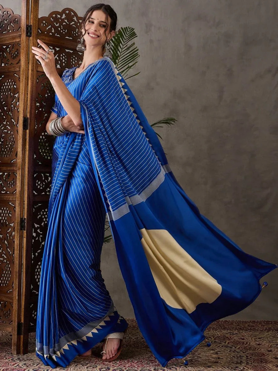 Blue Semi Modal Saree With Blouse Piece - EZBER