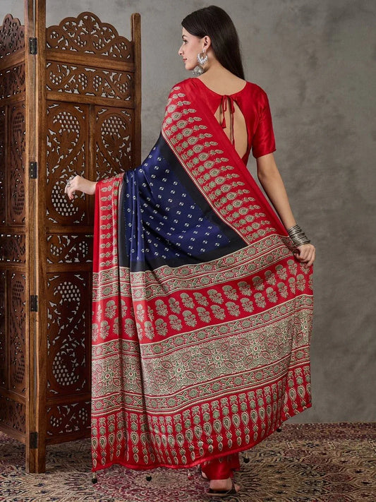 Blue Semi Modal Saree With Blouse Piece - EZBER