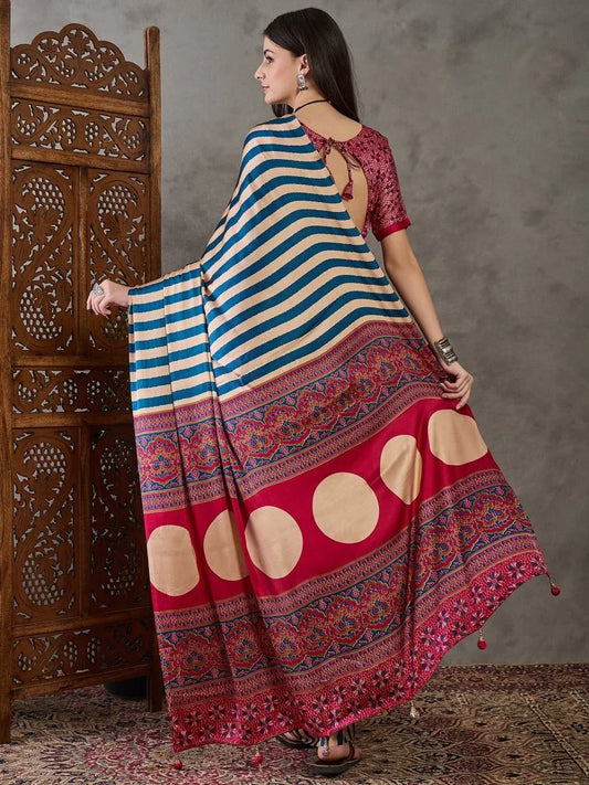 Blue Semi Modal Saree With Blouse Piece - EZBER