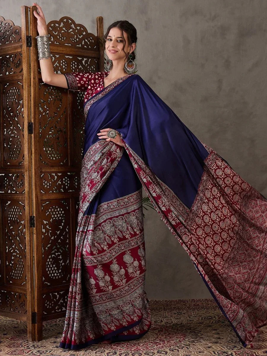 Blue Semi Modal Saree With Blouse Piece - EZBER