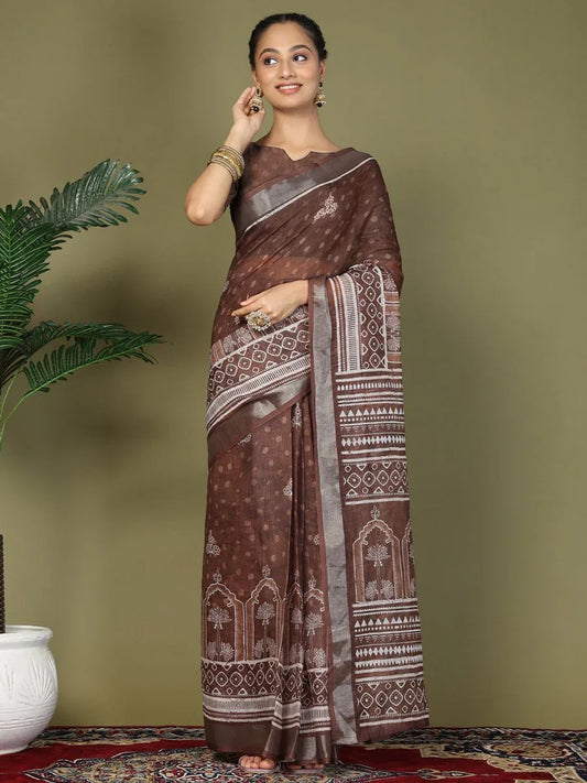 Brown Cotton Saree With Blouse Piece - EZBER