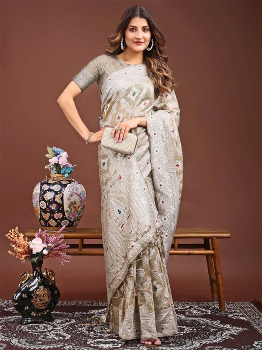 Brown Linen Cotton Saree With Blouse Piece - EZBER