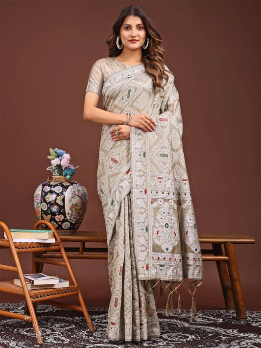 Brown Linen Cotton Saree With Blouse Piece - EZBER