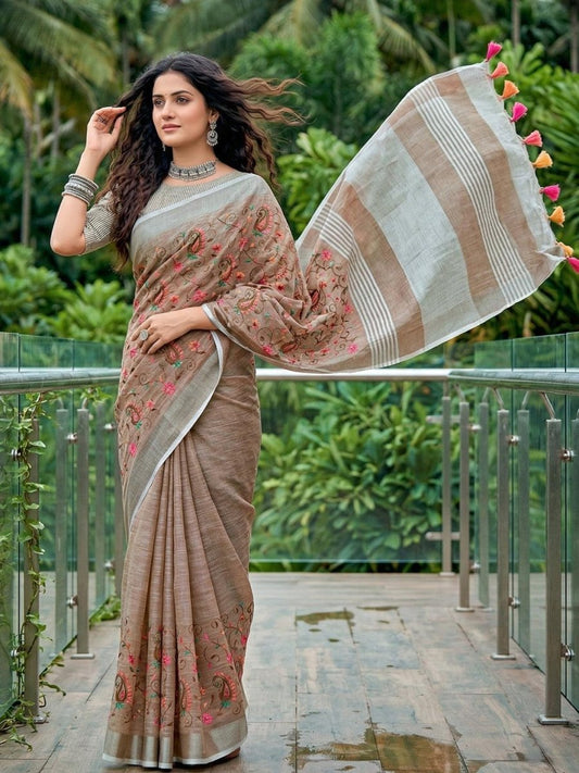 Brown Linen Stripe N Floral Saree | EZB SI04 SRKSS1002 - EZBER