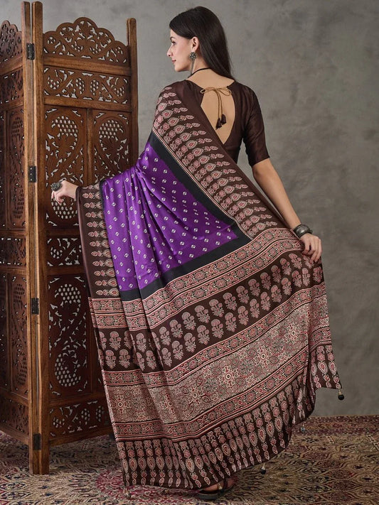 Brown Semi Modal Saree With Blouse Piece - EZBER