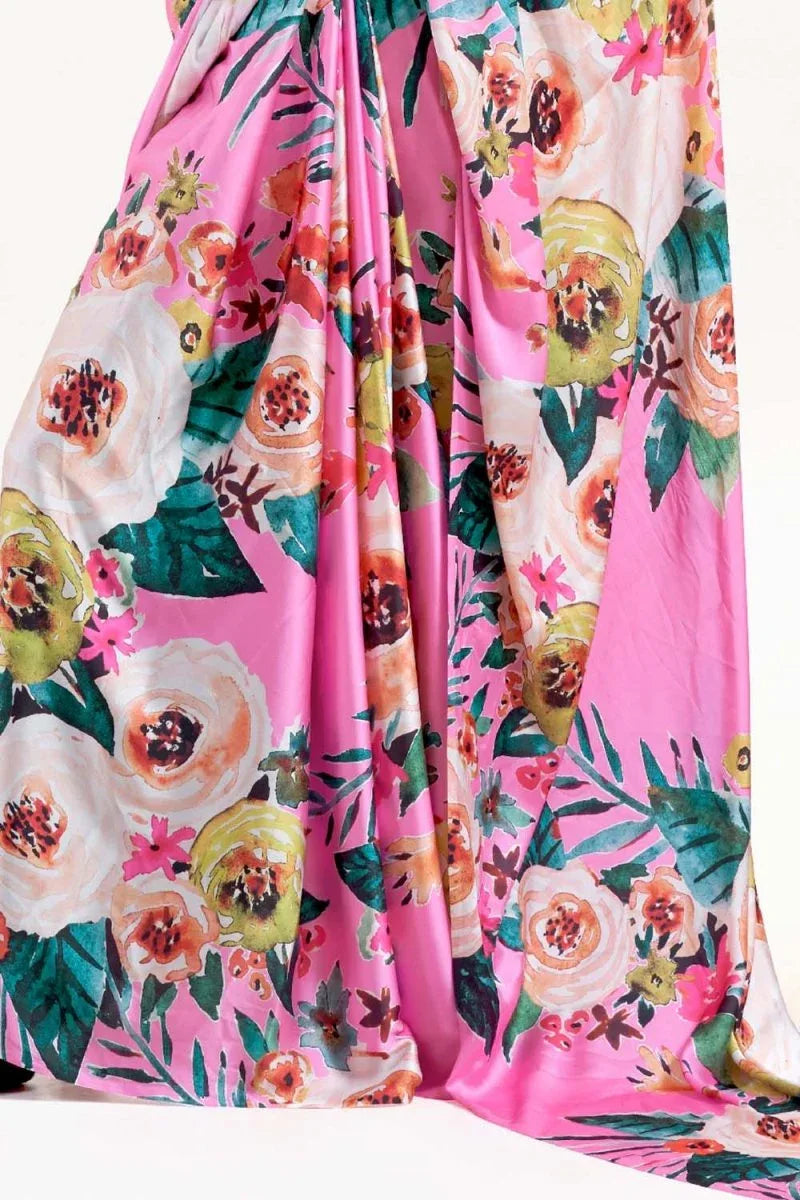 Bubblegum Pink Satin Crep Saree - EZBER