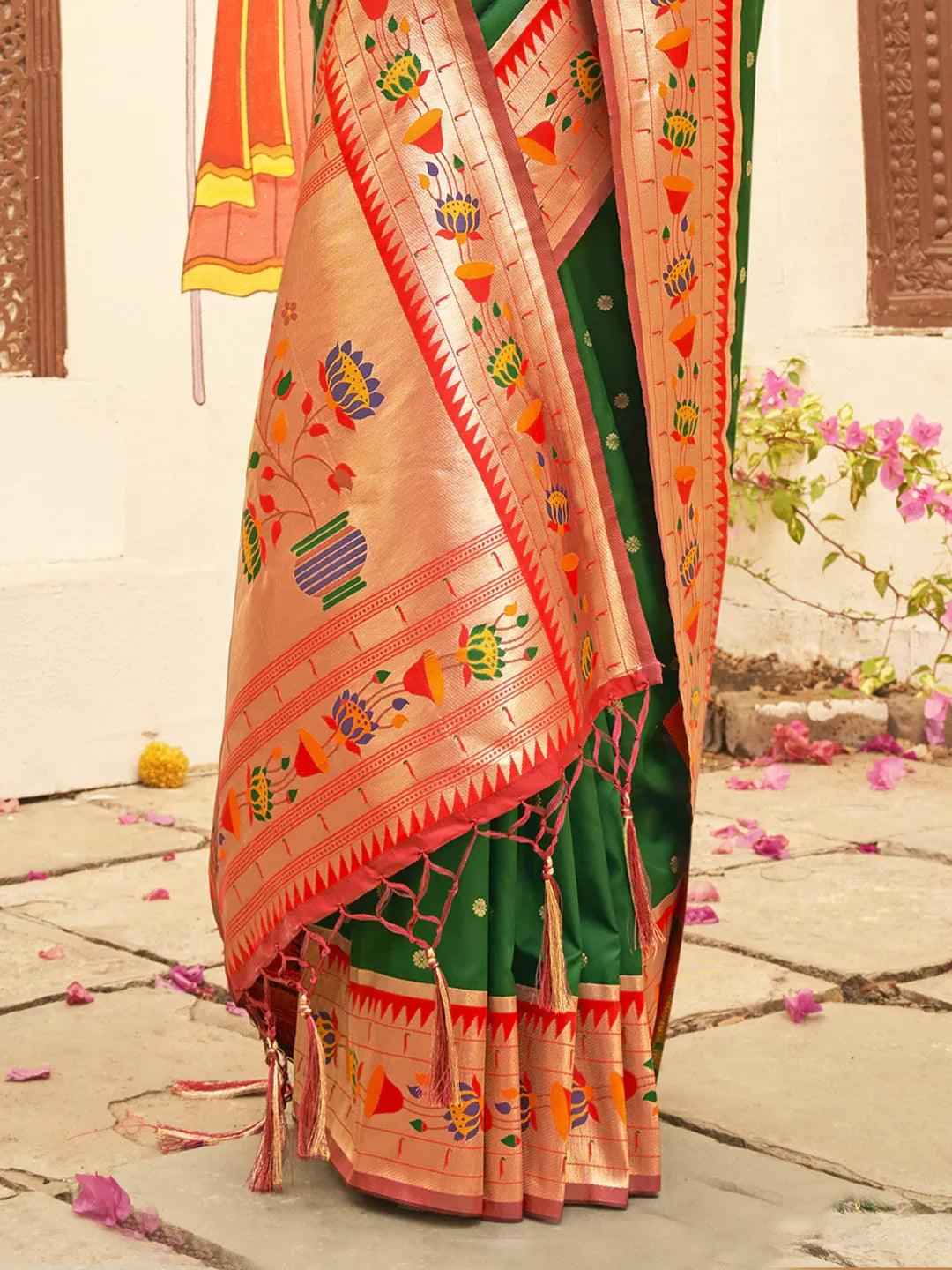 Dark Green Paithani Silk Blend Brocade Saree | EZB SI04 BWMAR1005