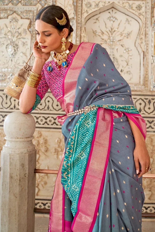 Blue Patola Saree with Blouse Piece | EZBER