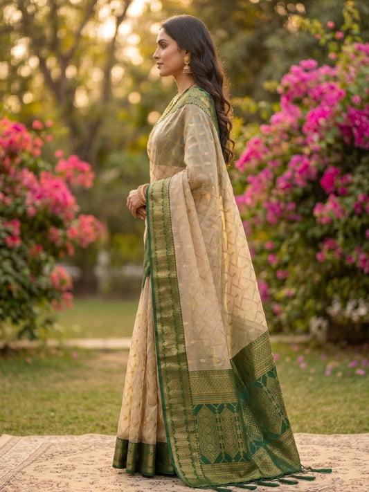 Cotton Brown Green Handloom Saree | EZB SI04 SUMAD1004 - EZBER