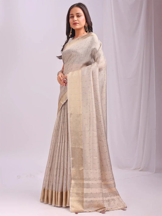 Cream CASUAL CHECKS Organza Saree with Blouse Piece - EZBER