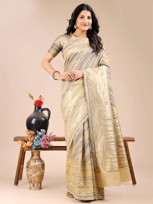 Cream Cotton Saree With Blouse Piece - EZBER
