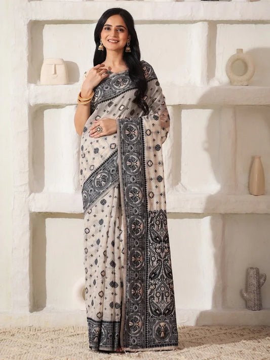 Cream Linen Cotton Saree With Blouse Piece - EZBER