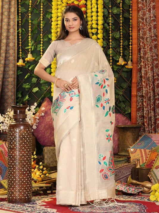 Cream Linen Cotton Saree With Blouse Piece - EZBER