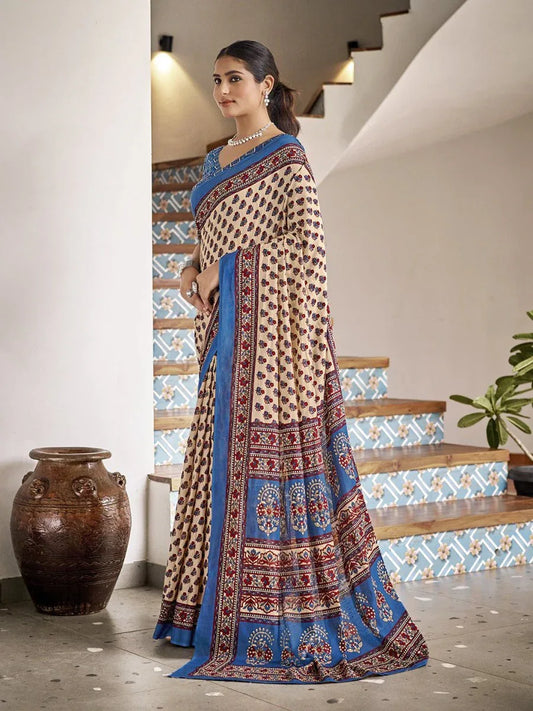 Cream Mulmul Cottons Saree With Blouse Piece - EZBER