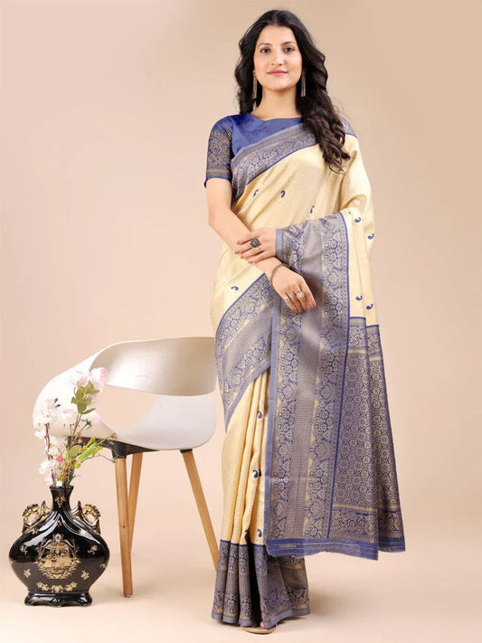 Cream & Navy Blue Banarasi Silk Saree With Blouse Piece - EZBER