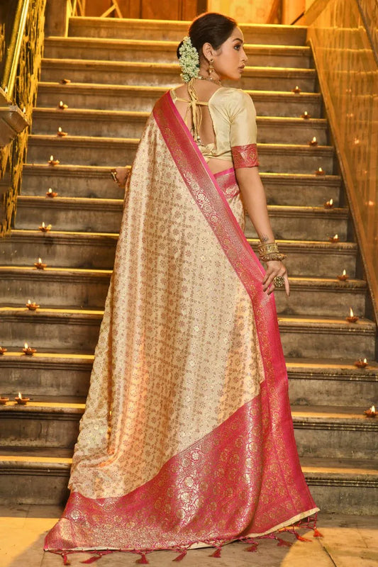 Cream & Pink Banarasi Silk Saree With Blouse Piece - EZBER