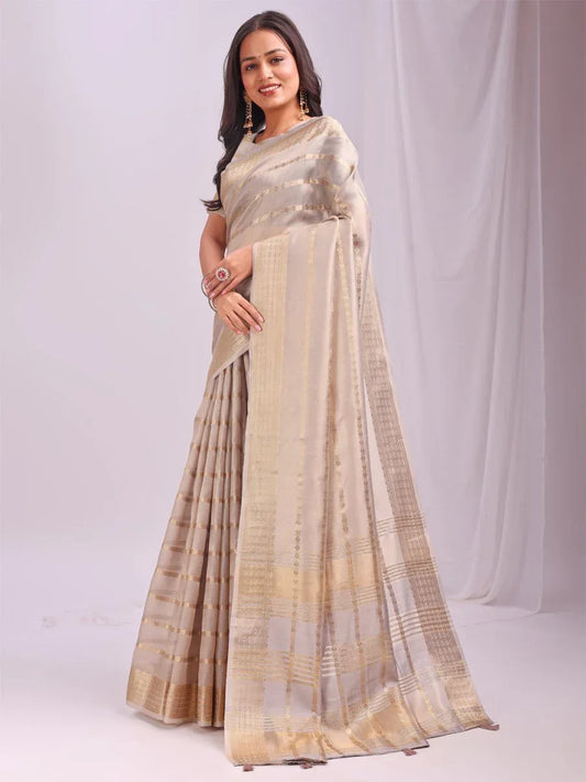 Cream PORTO Organza Saree with Blouse Piece - EZBER