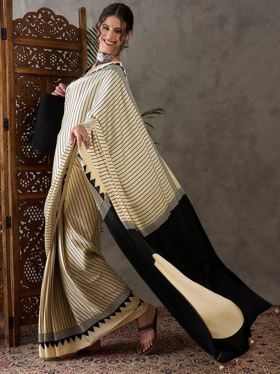 Cream Semi Modal Saree With Blouse Piece - EZBER