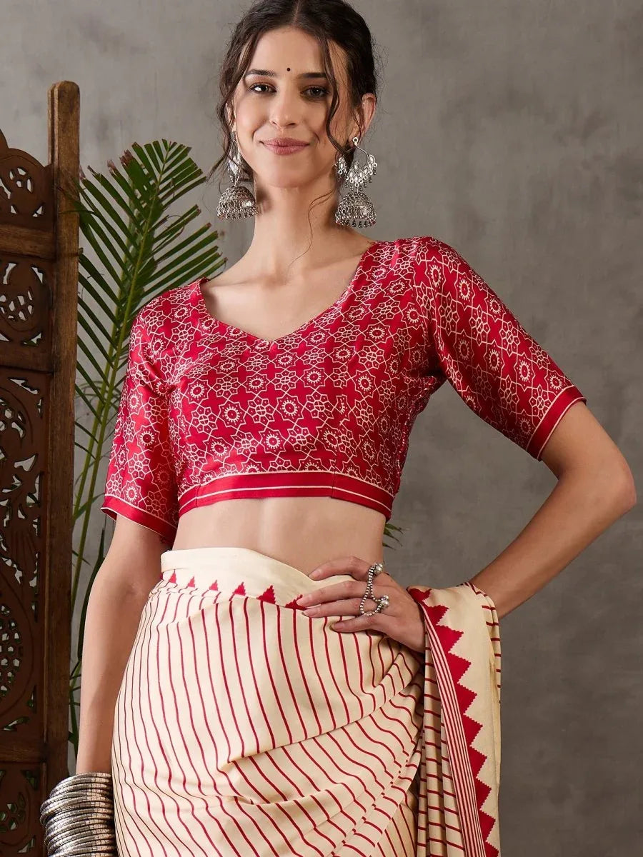 Cream Semi Modal Saree With Blouse Piece - EZBER