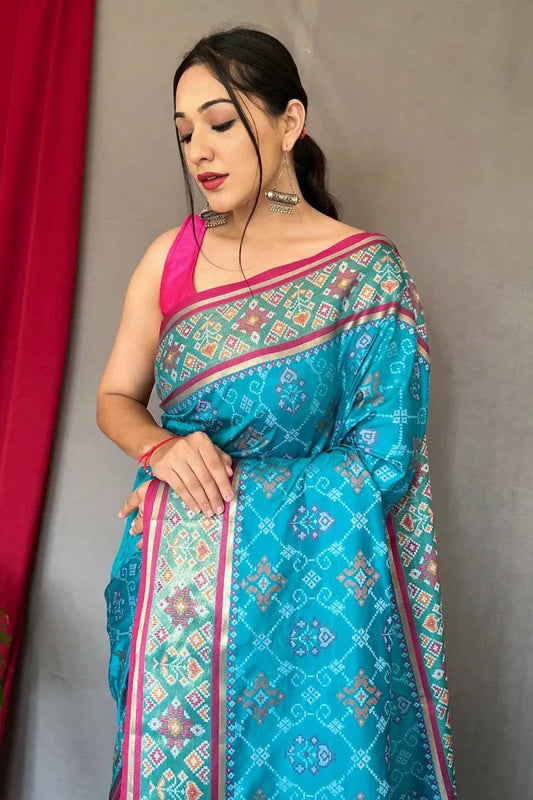 Cyaan Blue Patola Saree - EZBER