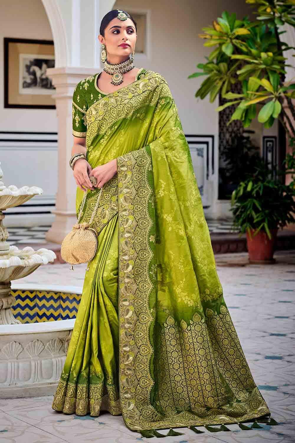 Lime Green Banarasi Saree - EZBER