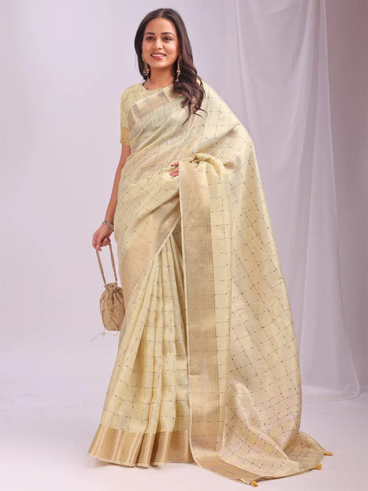 Gold CASUAL CHECKS Organza Saree with Blouse Piece - EZBER