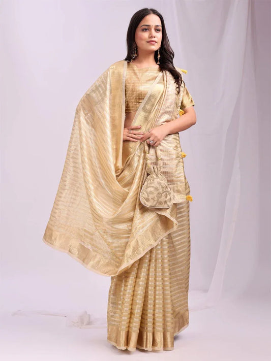 Gold CHICAGO Organza Saree with Blouse Piece - EZBER