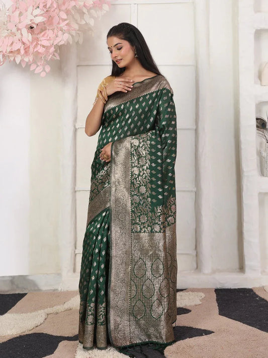 Green Lichi Silk Saree With Blouse Piece - EZBER