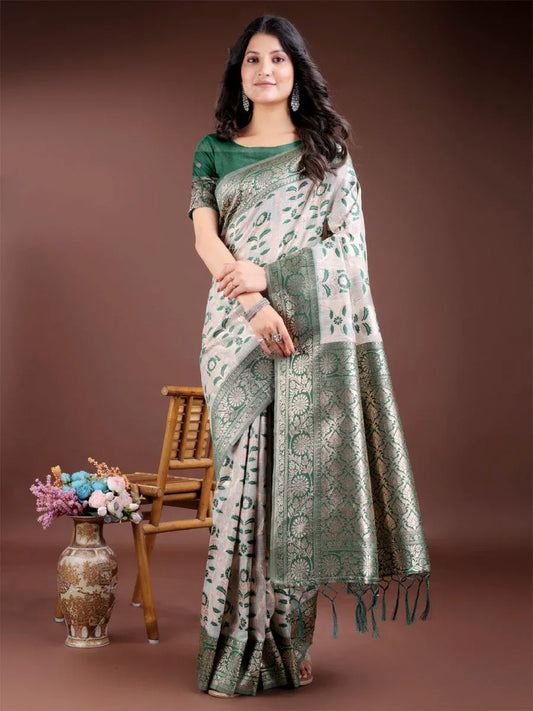 Green Linen Cotton Saree With Blouse Piece - EZBER
