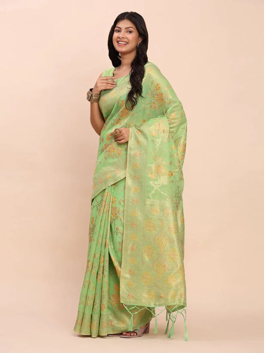 Green Linen Cotton Saree With Blouse Piece - EZBER